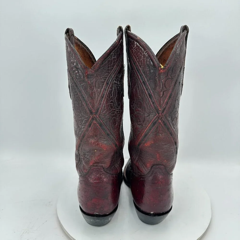 Tony Lama Men Size 7D Burgundy Full Quill Ostrich Leather Pull On Western Boot
